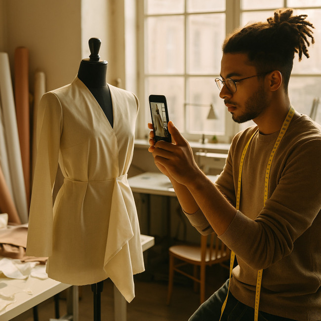 Designer recording draping process for LinkedIn
