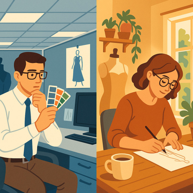 Split screen illustration contrasting full-time and freelance designer lifestyles