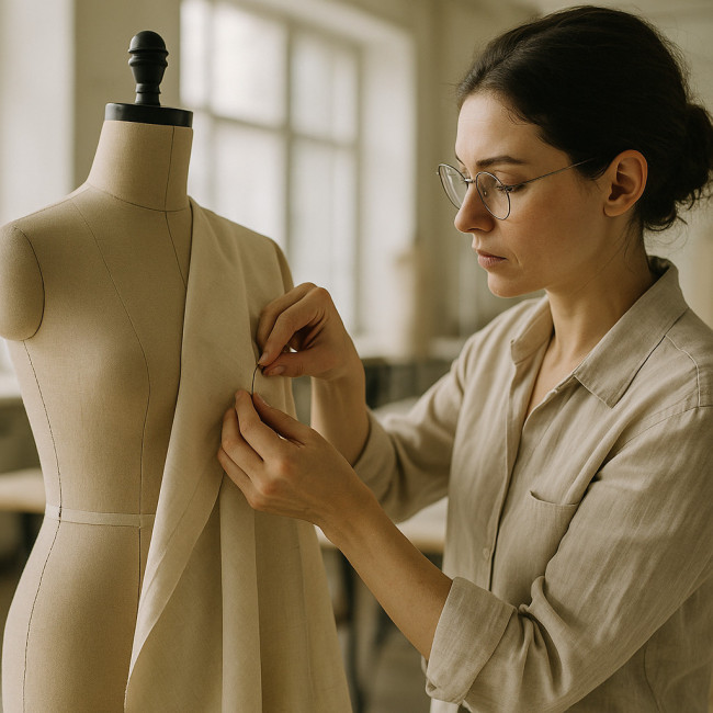 Designer pinning muslin on dress form during draping