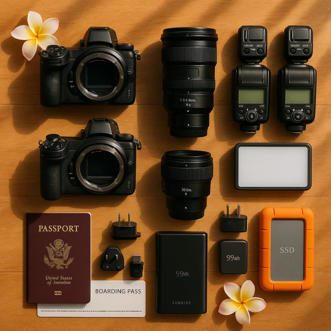 Flat lay of destination wedding photo gear