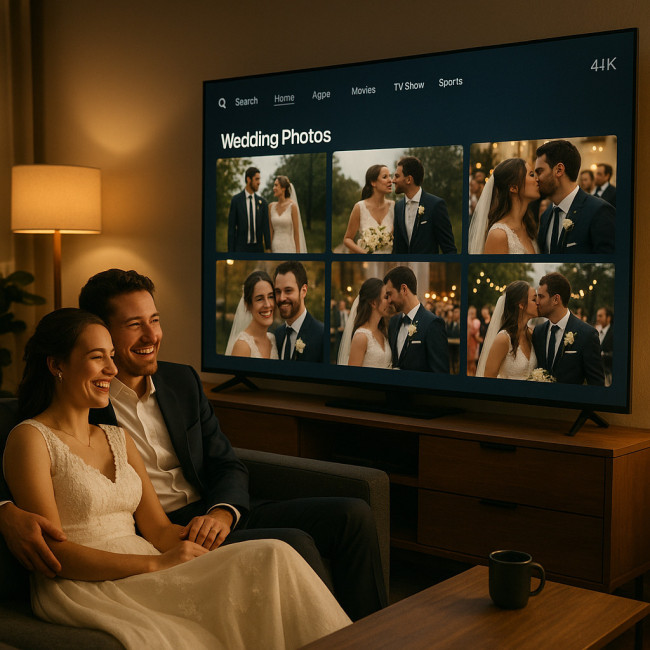 Couple viewing wedding gallery on smart TV