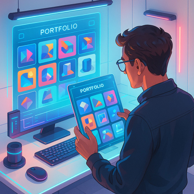 Isometric illustration of an AR-enhanced digital artist portfolio