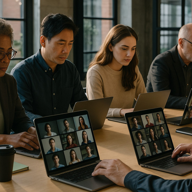 casting directors reviewing self-tapes on laptops
