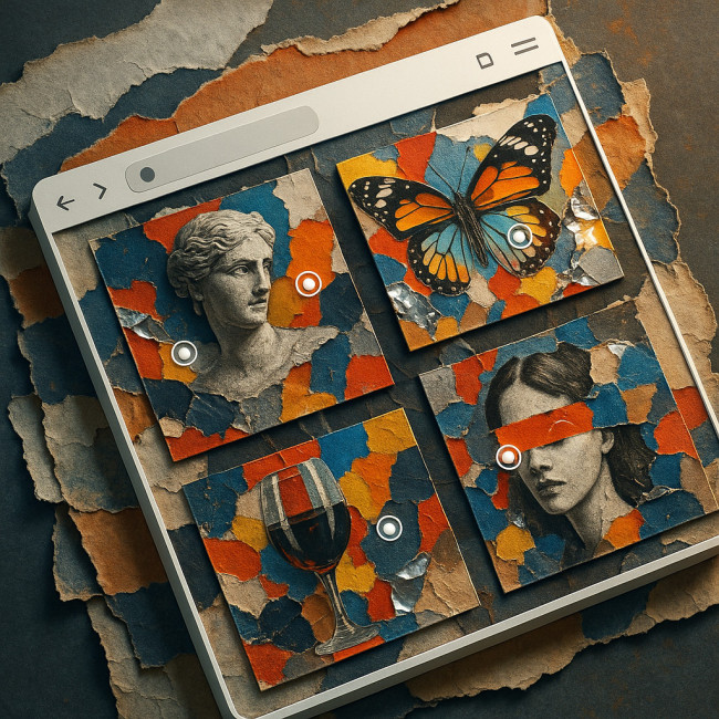 isometric digital collage gallery with interactive texture hotspots