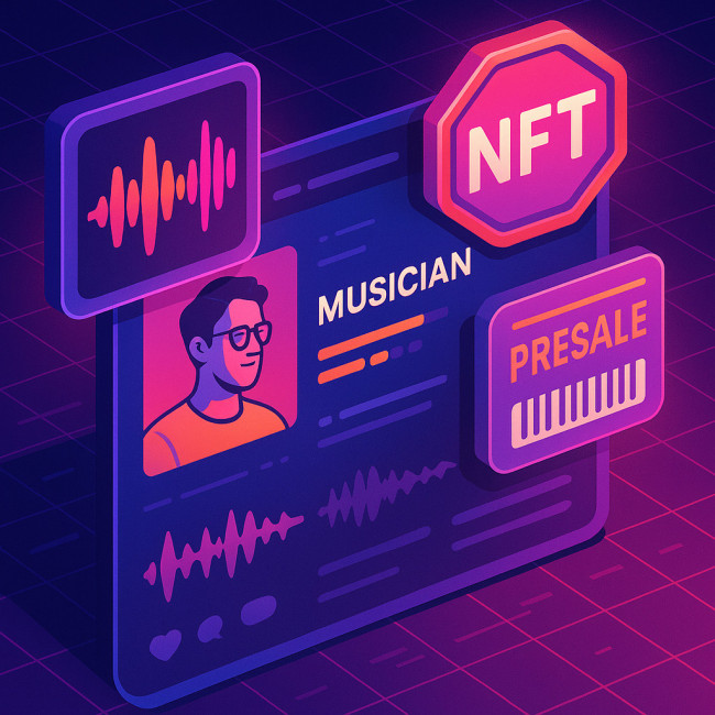 Isometric artwork showing digital merch items like stems, NFTs and ticket codes
