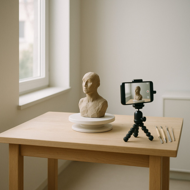 smartphone tripod filming clay bust in small studio