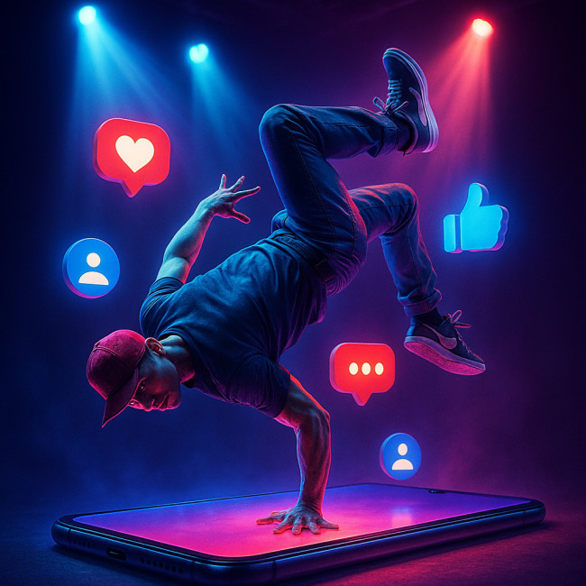 Hip-hop dancer on stage blending into smartphone screen