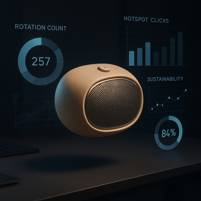 Analytics overlay on 3D digital twin of ceramic Bluetooth speaker