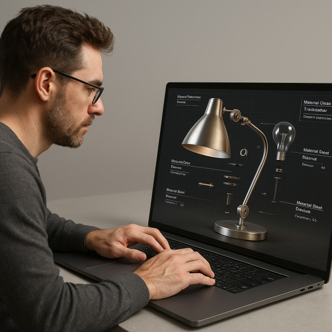 Industrial designer editing digital twin CAD model of aluminium desk lamp