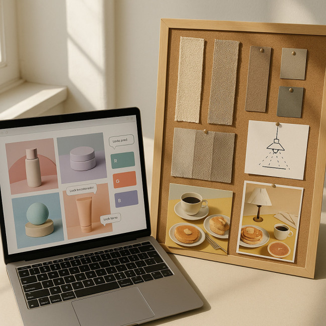 Digital moodboard on laptop versus printed board on set