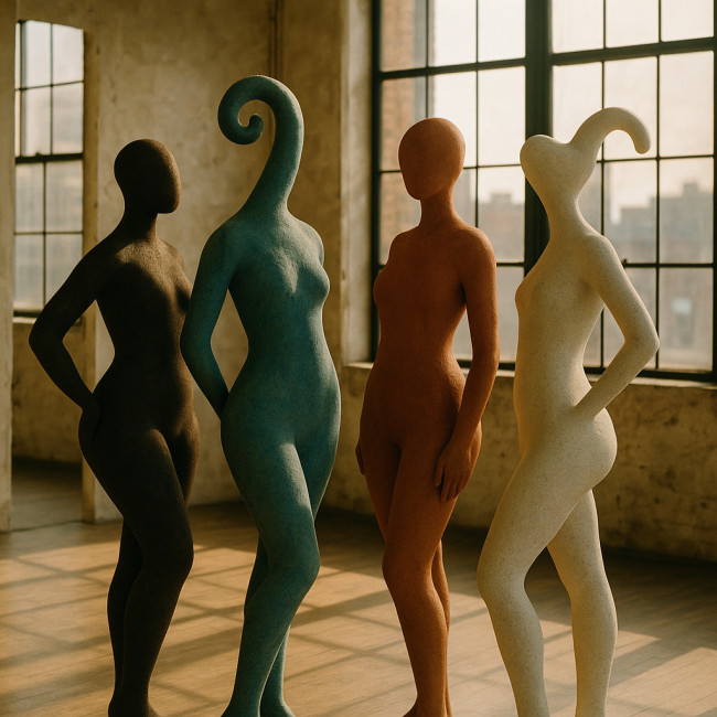 Four diverse nude bodies standing together in warm studio light