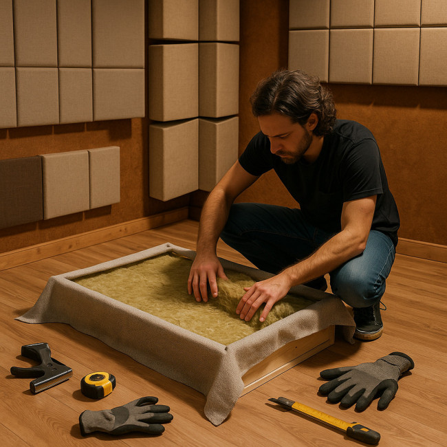Musician building DIY acoustic treatment panel