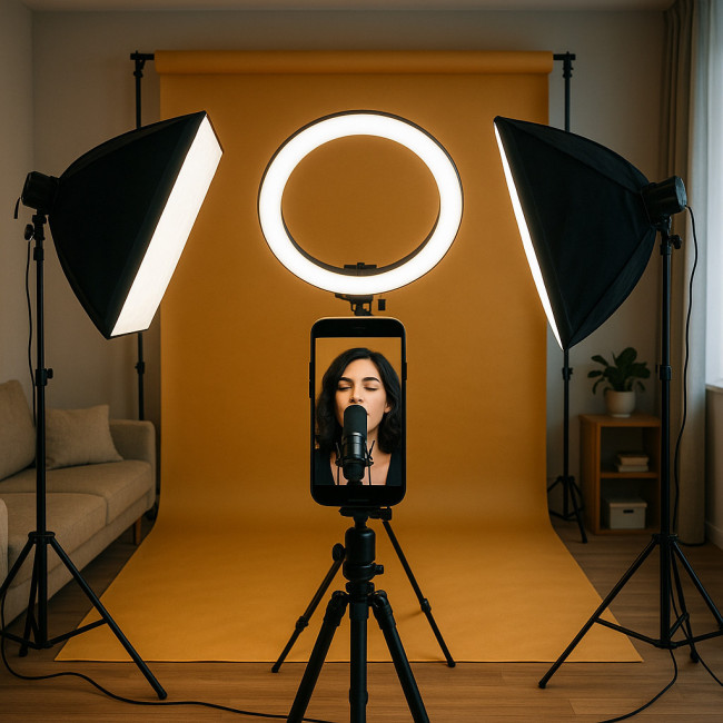 DIY home studio setup for singer headshot