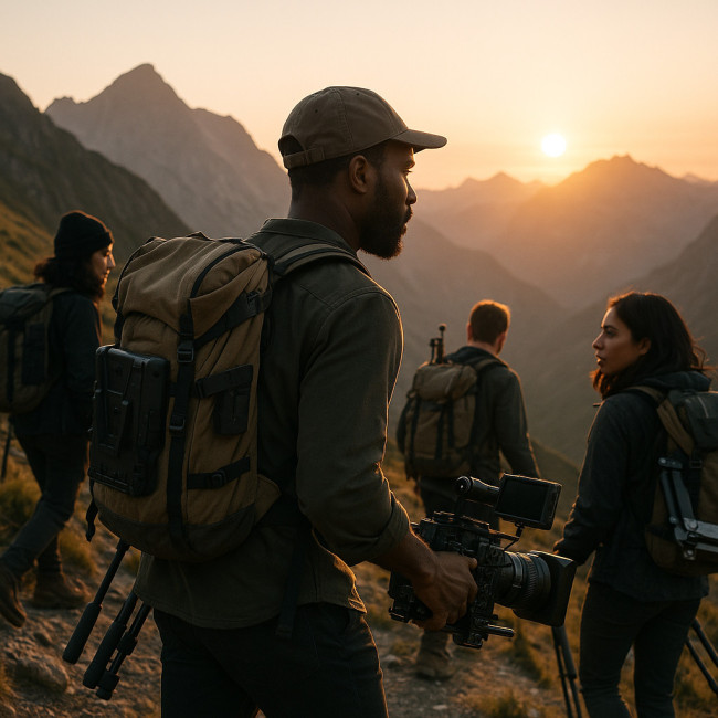 Documentary crew hiking with camera gear at sunrise