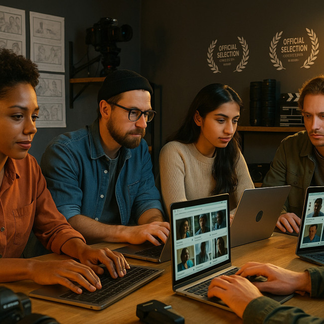 Documentary filmmakers researching portfolios online