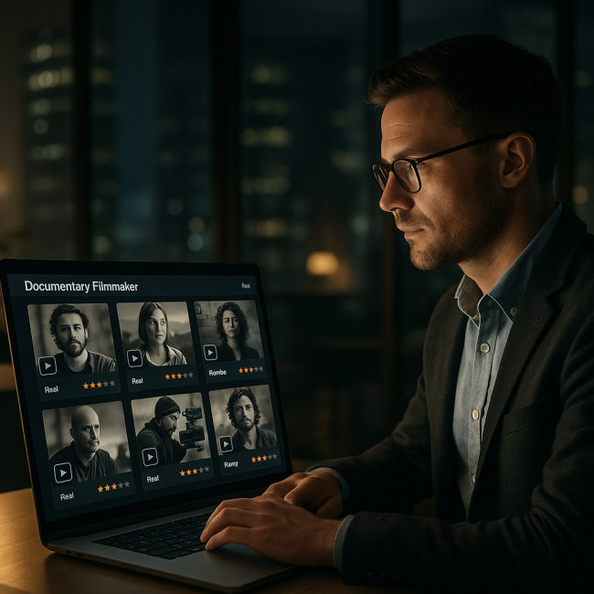 Recruiter reviewing documentary talent profiles on a laptop