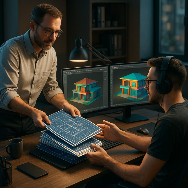 draftsman passing blueprints to CGI artist in studio
