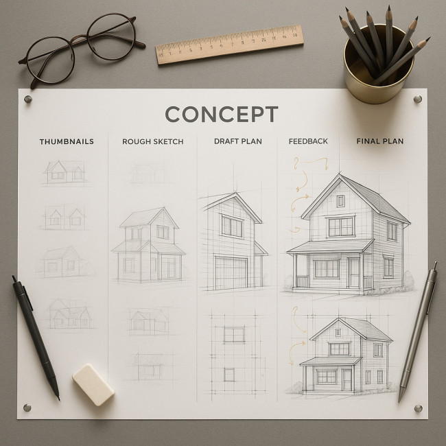 concept sheet with five iteration stages