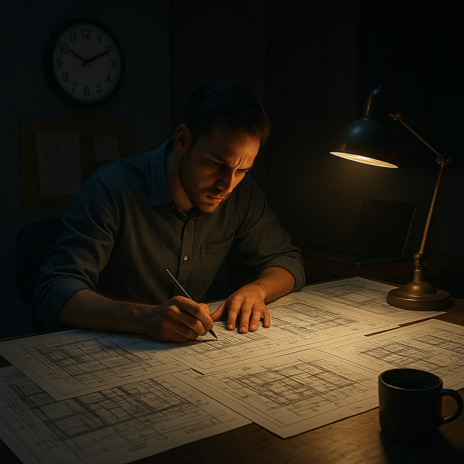 Draftsman working late on urgent permit drawings