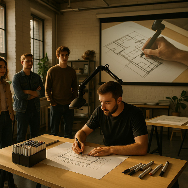 visitors watching a draftsman draw live in an open studio