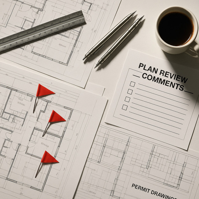 Desk with permit drawings and red flags indicating drafting errors