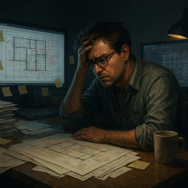 Frustrated draftsman staring at CAD screens full of revisions