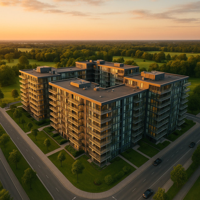 Aerial view of a modern apartment building at sunset