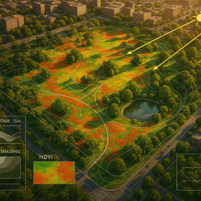 GIS and drone layered map of a park proposal