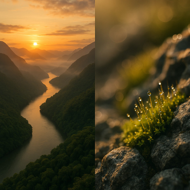 Aerial drone panorama contrasted with ground camera close-up of the same landscape