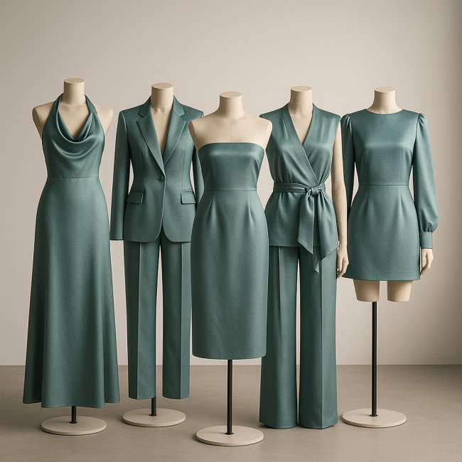 Dusky aqua satin capsule collection on mannequins