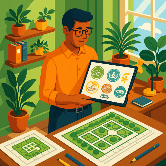 Landscape architect displaying eco-certification badges