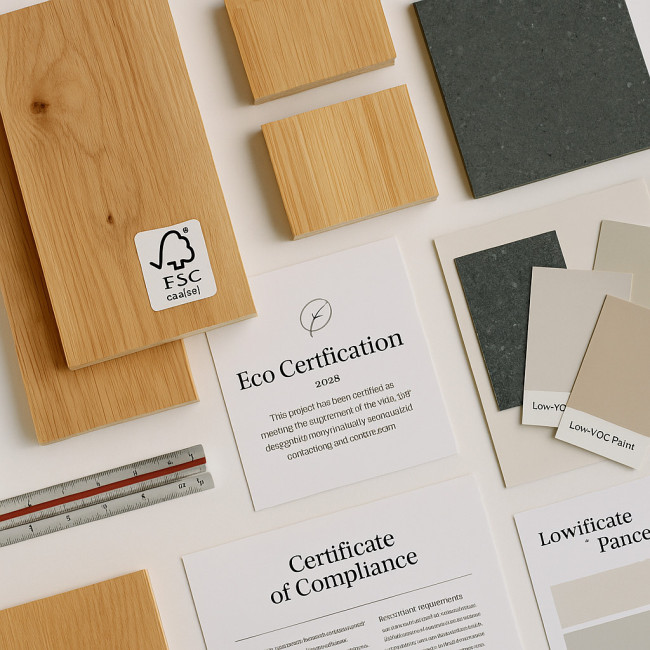 Eco-certified material samples on architect desk
