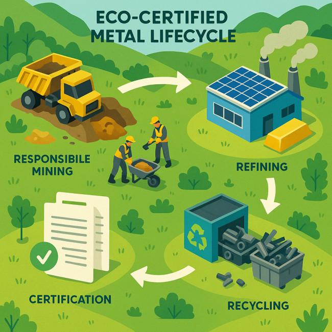 Isometric illustration showing the lifecycle of eco-certified metals from mine to recycled product