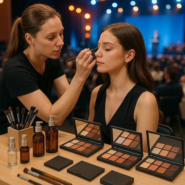 makeup artist using refillable palettes at eco-friendly event