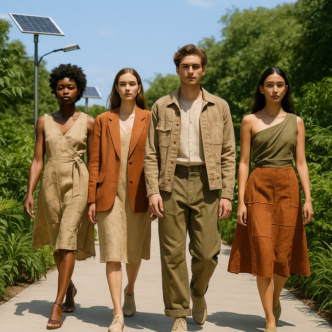 Eco-conscious models on outdoor green runway