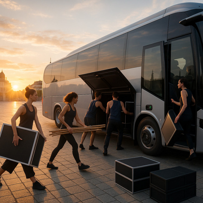 Dancers loading eco-friendly coach on tour