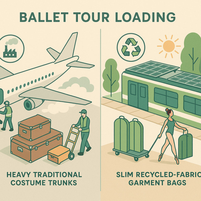 Illustration comparing heavy polyester trunks versus light eco garment bags