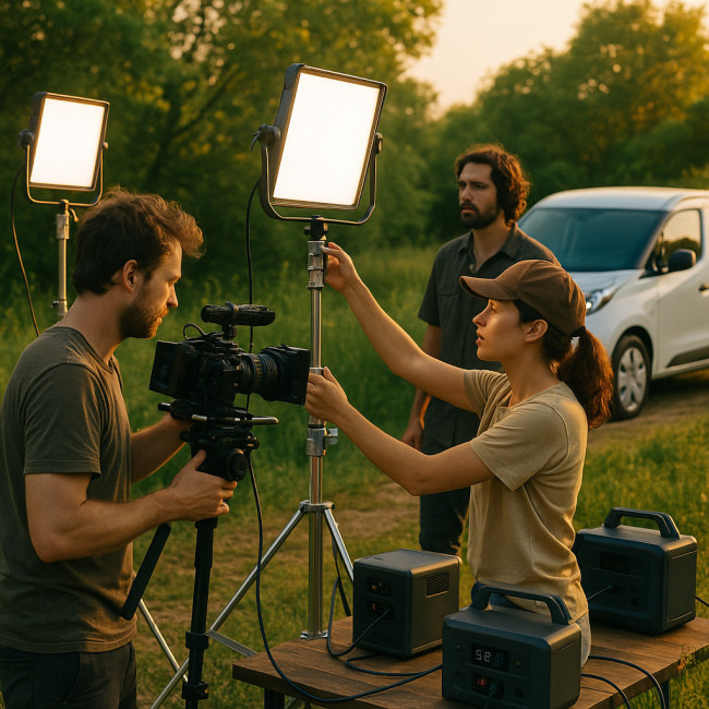 sustainable film set with LED lights and solar batteries