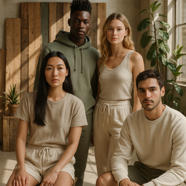 eco friendly fashion models in green studio