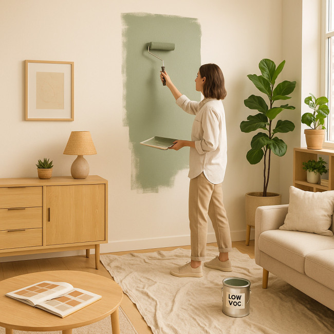 designer applying eco-friendly paint in green studio