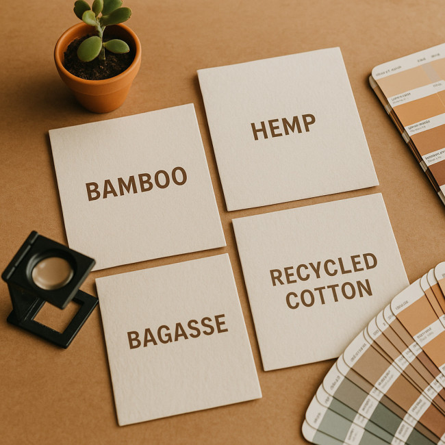 Eco-friendly paper swatches on a printmaker's desk