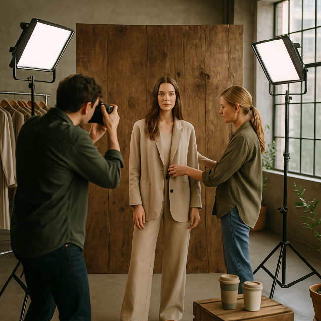 Photographer on sustainable portrait set with LED lights and reclaimed backdrop