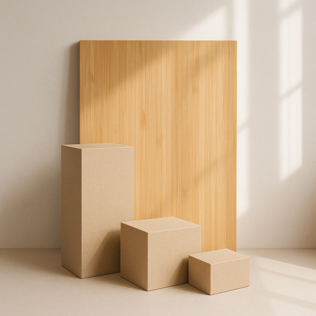 eco-friendly still life set built from bamboo and recycled cardboard