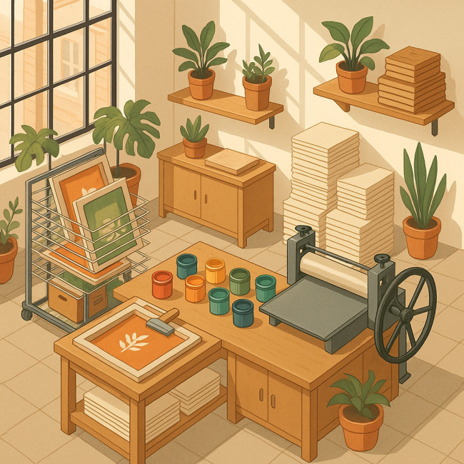 Isometric illustration of eco-friendly printmaking studio