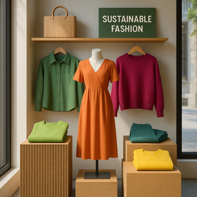 Sustainable retail window using recycled cardboard and bamboo props