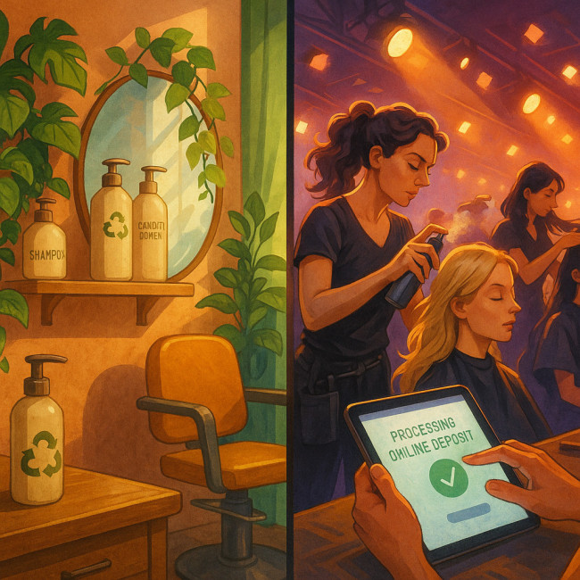 eco products and fast styling contrasted in salon