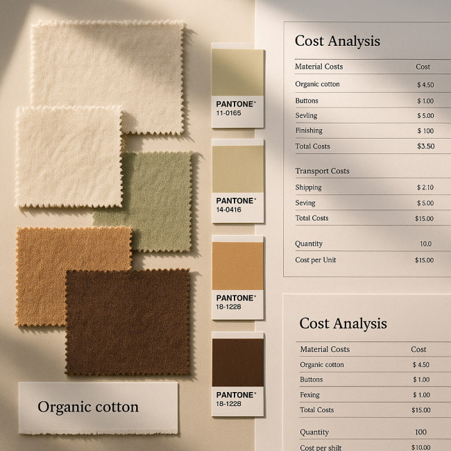 Organic cotton swatches and cost analysis sheets on a studio desk