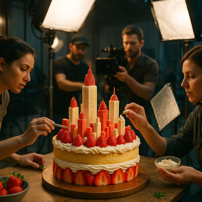 hyper-realistic cake cityscape on a film set