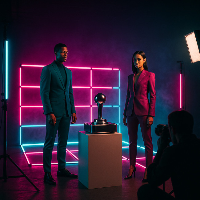 photo shoot set blending retro neon arcade with futuristic fintech style
