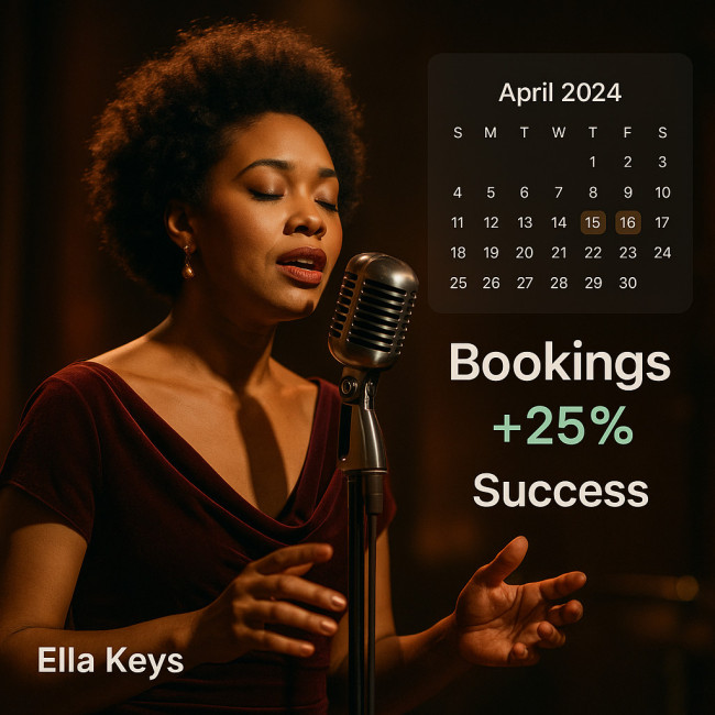 Ella Keys singing on stage with data overlay